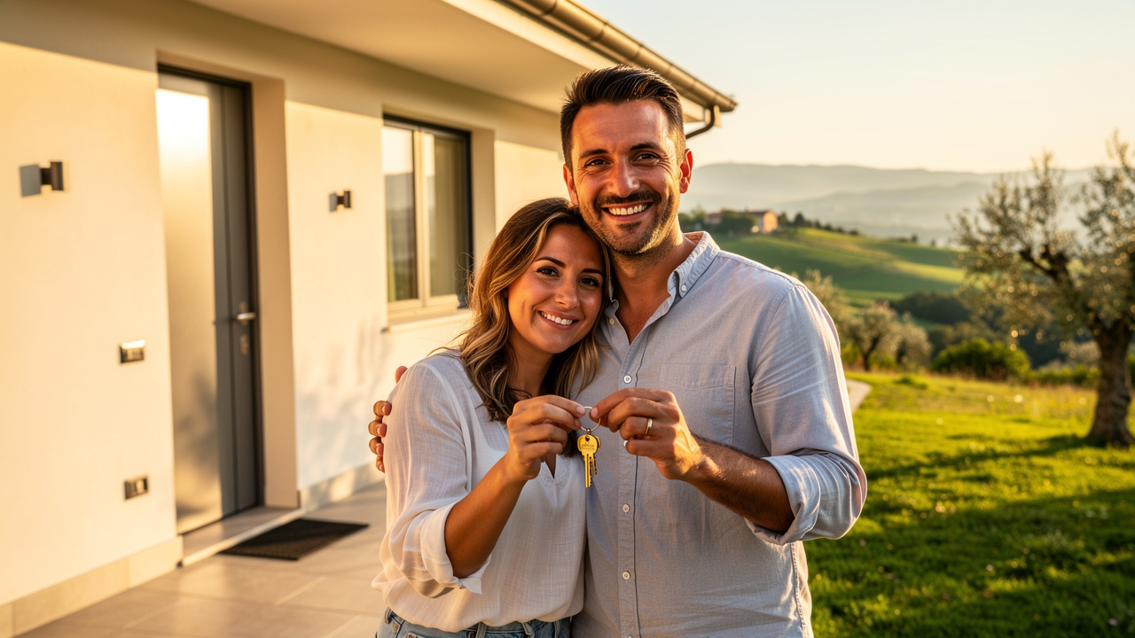 Coppia felice con chiavi di casa nuova nelle Marche
