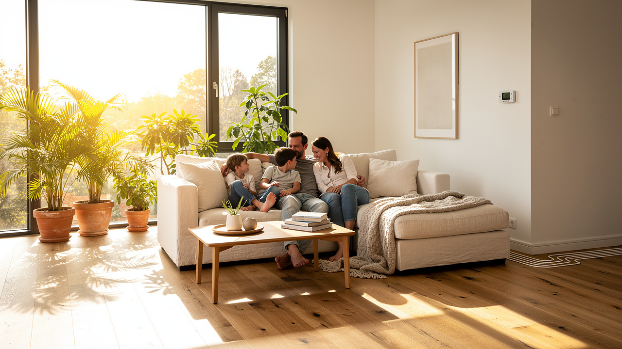 Famiglia in soggiorno luminoso casa NZEB comfort elevato