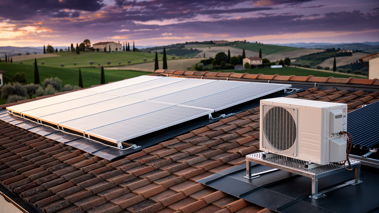 Pannelli fotovoltaici e pompa di calore su tetto casa nelle Marche