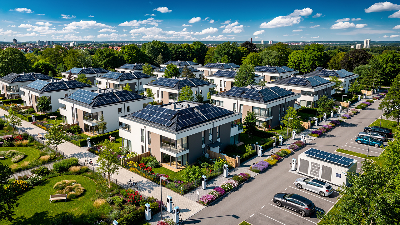 Quartiere residenziale futuro edifici a emissioni zero ZEB