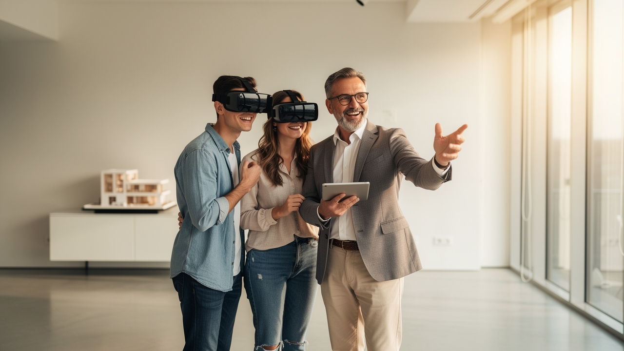 Famiglia con visore VR che esplora casa virtuale in agenzia