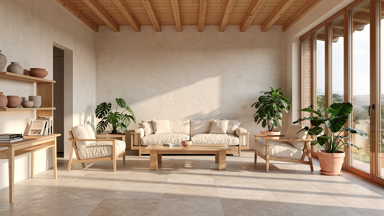 Interno luminoso di casa sostenibile con materiali naturali e legno certificato