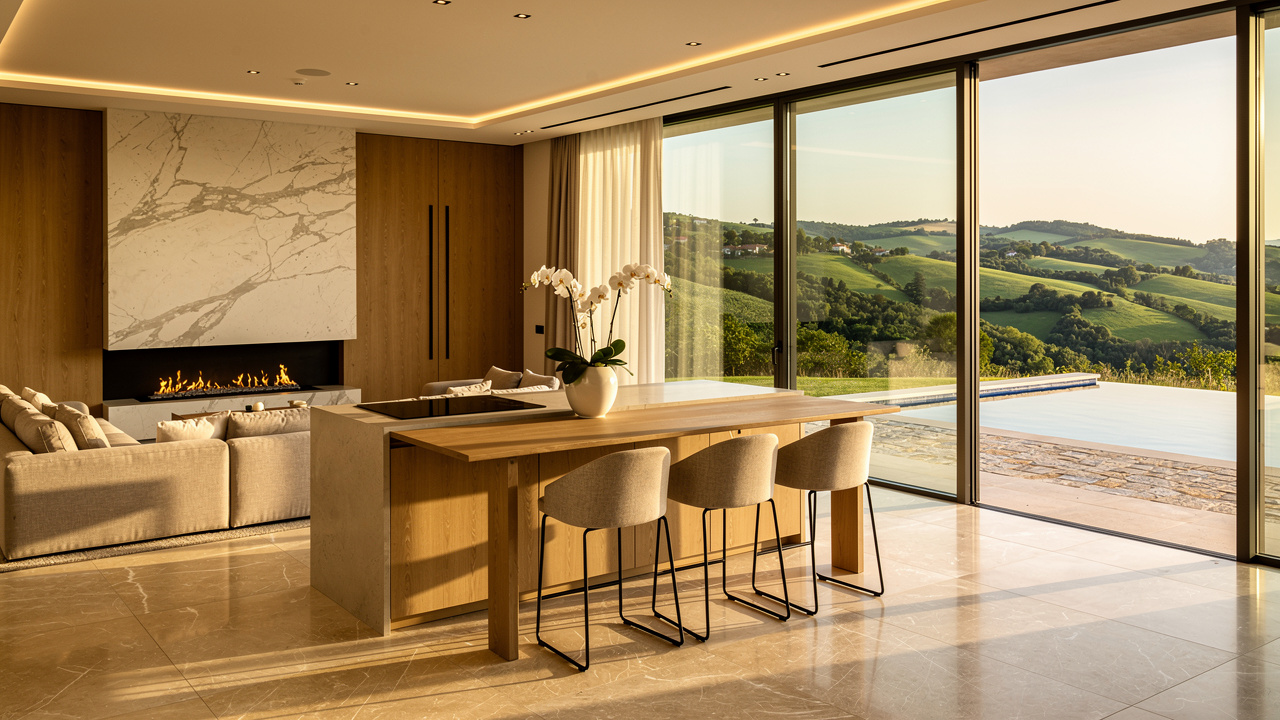 Interno moderno di villa di lusso con vista sulle Marche
