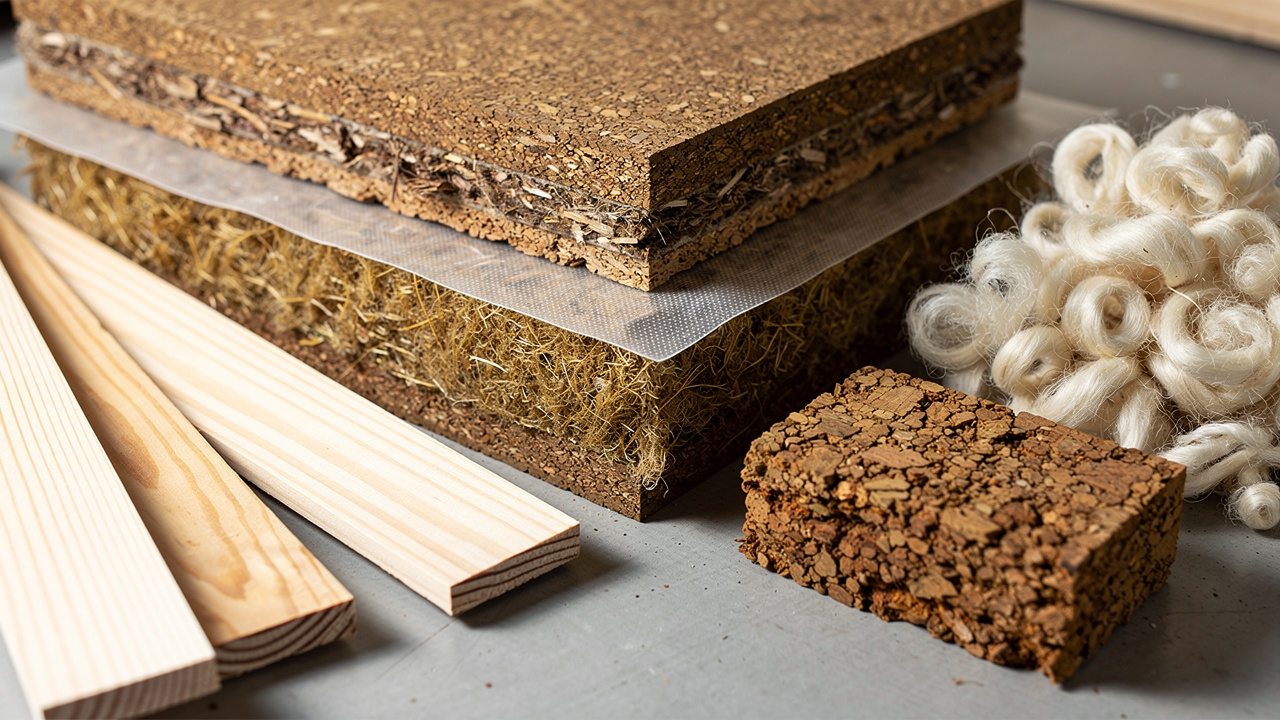 Campioni di materiali bioedilizia sughero fibra di legno e lana di pecora