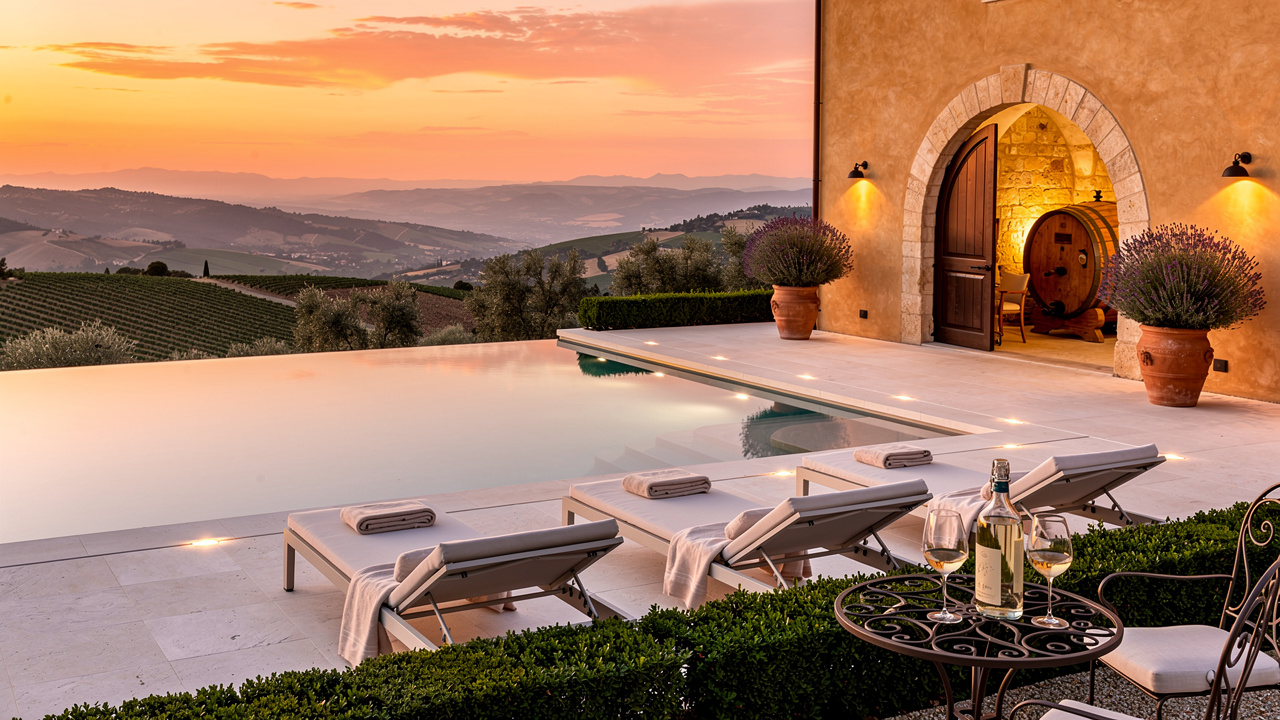 Piscina privata di villa di lusso nelle Marche al tramonto