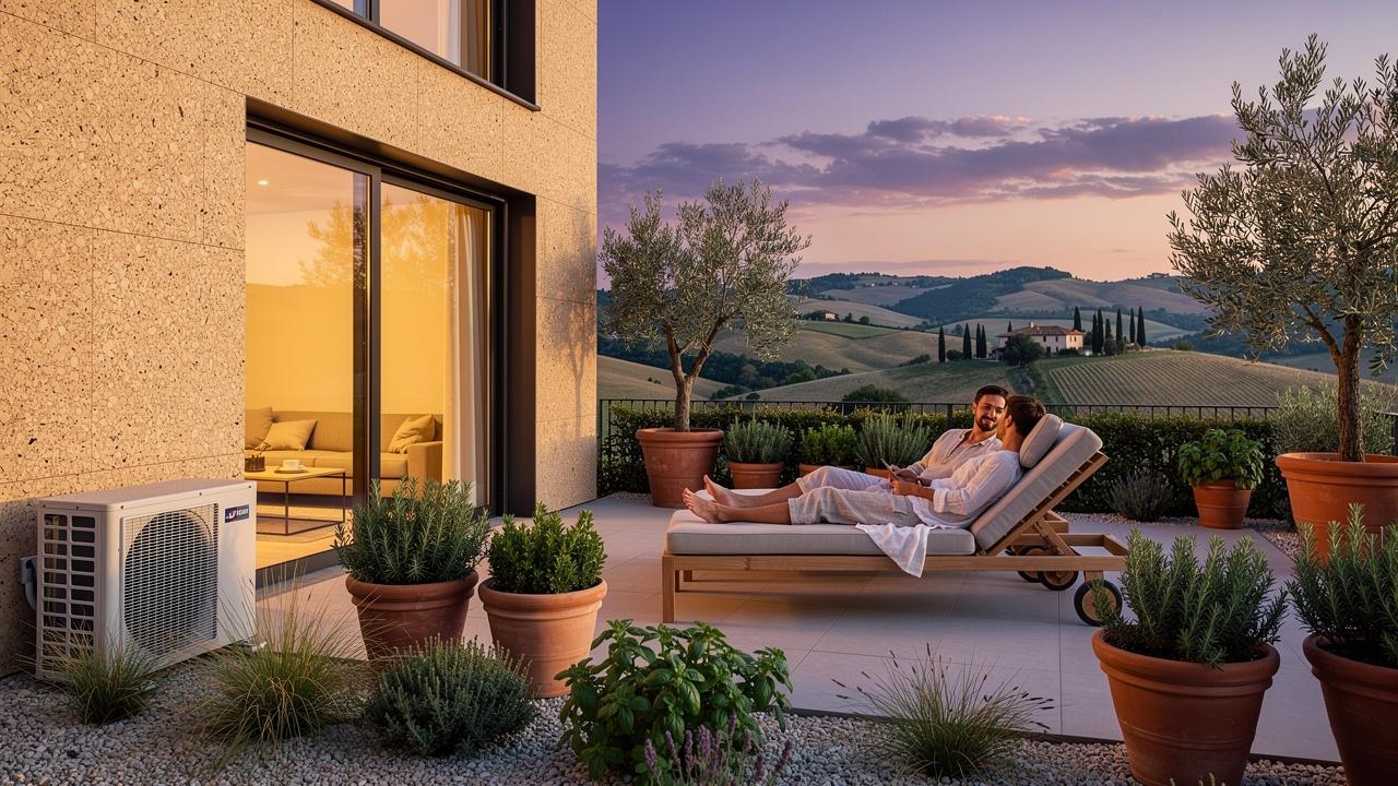 Coppia sulla terrazza di casa ecologica nelle Marche al tramonto
