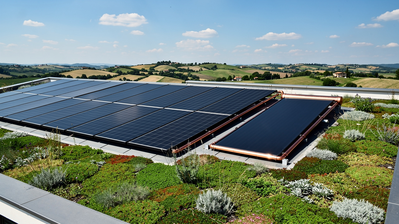Tetto con pannelli fotovoltaici e giardino pensile su casa efficiente