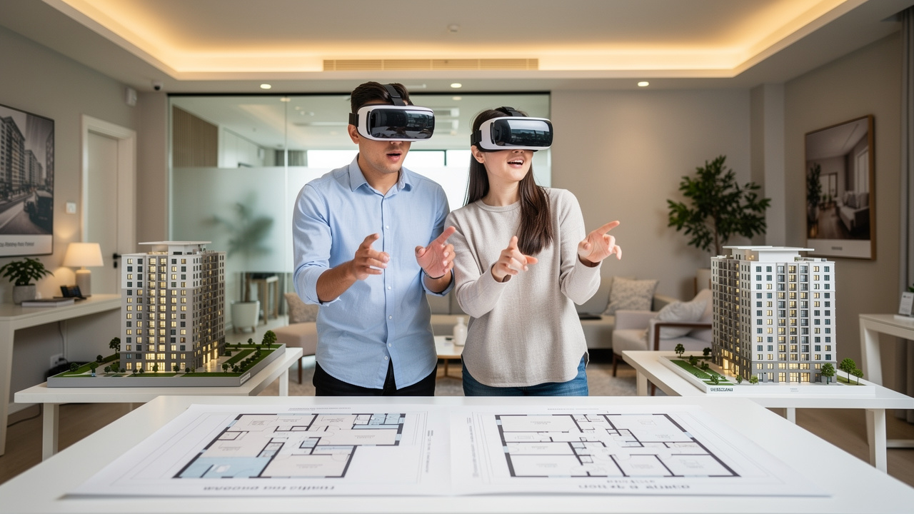 Coppia con visore VR esplora casa in costruzione virtualmente
