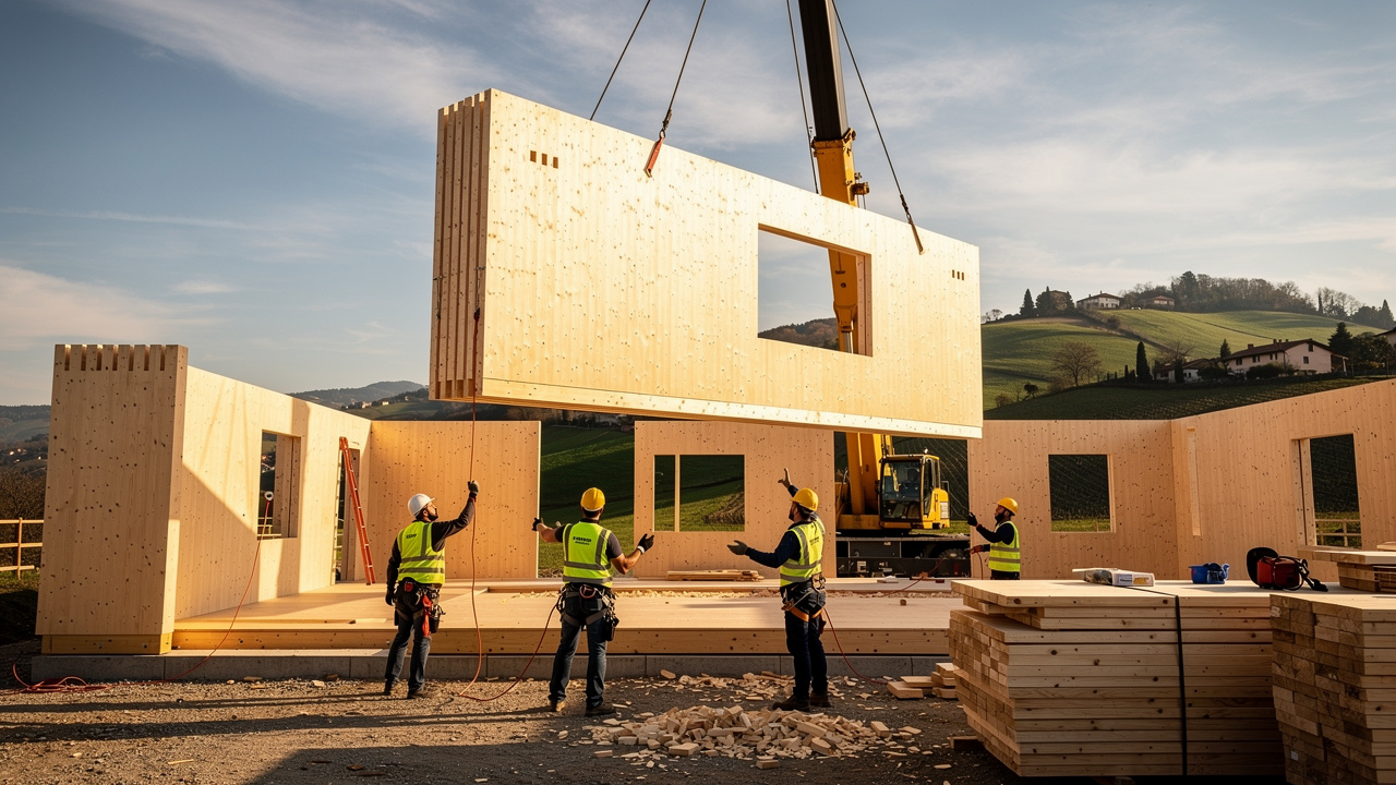 Assemblaggio struttura in legno casa prefabbricata in cantiere