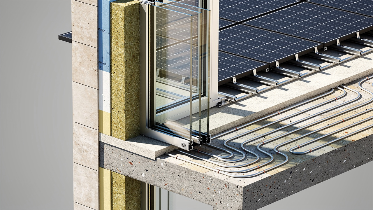 Edificio efficiente classe nZEB con pannelli solari e isolamento