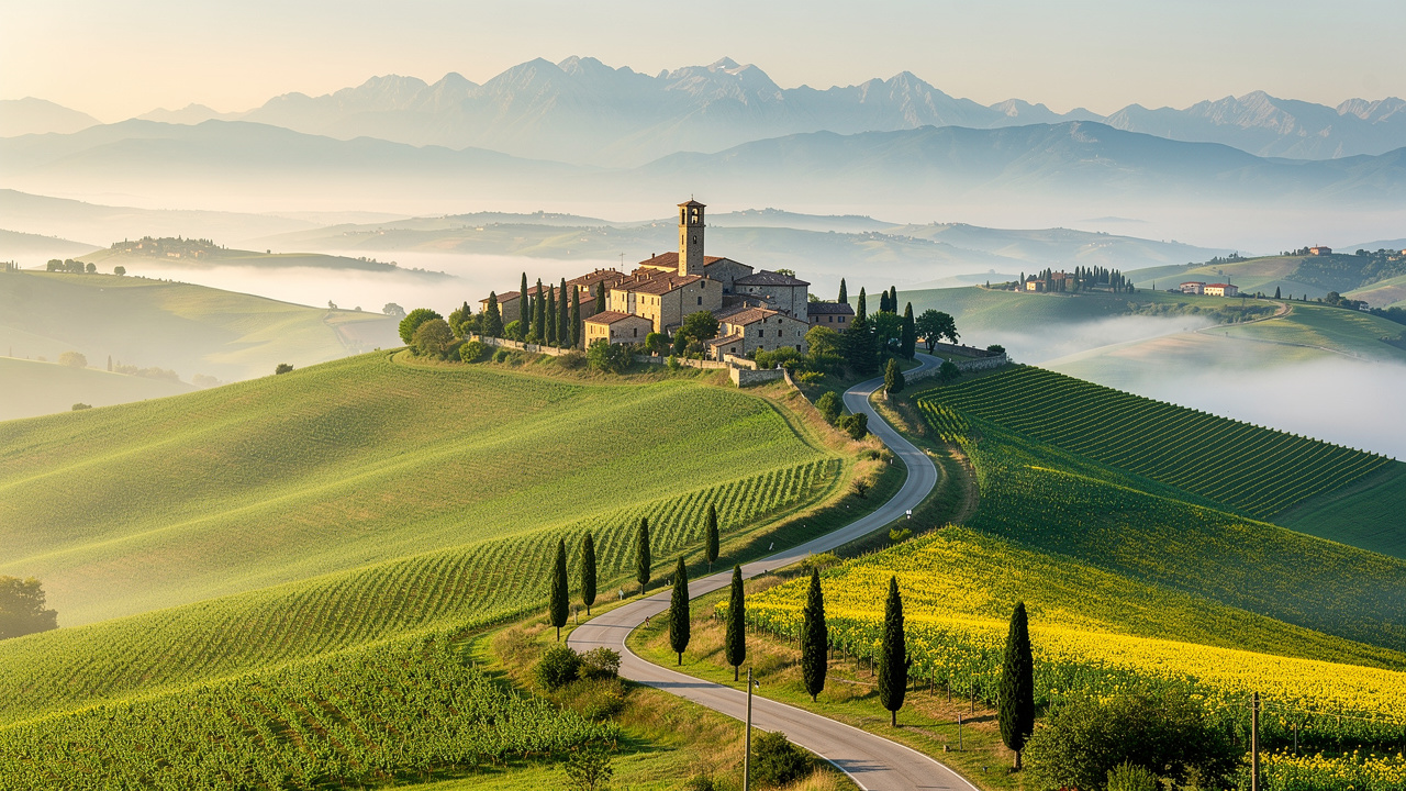 Paesaggio collinare delle Marche con borgo storico e Monti Sibillini