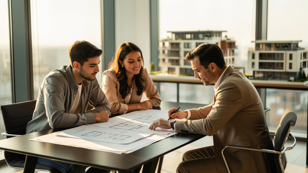 Consulente immobiliare e coppia che analizzano progetto residenziale