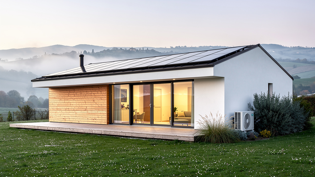 Esterno casa ecologica con pannelli fotovoltaici nelle Marche