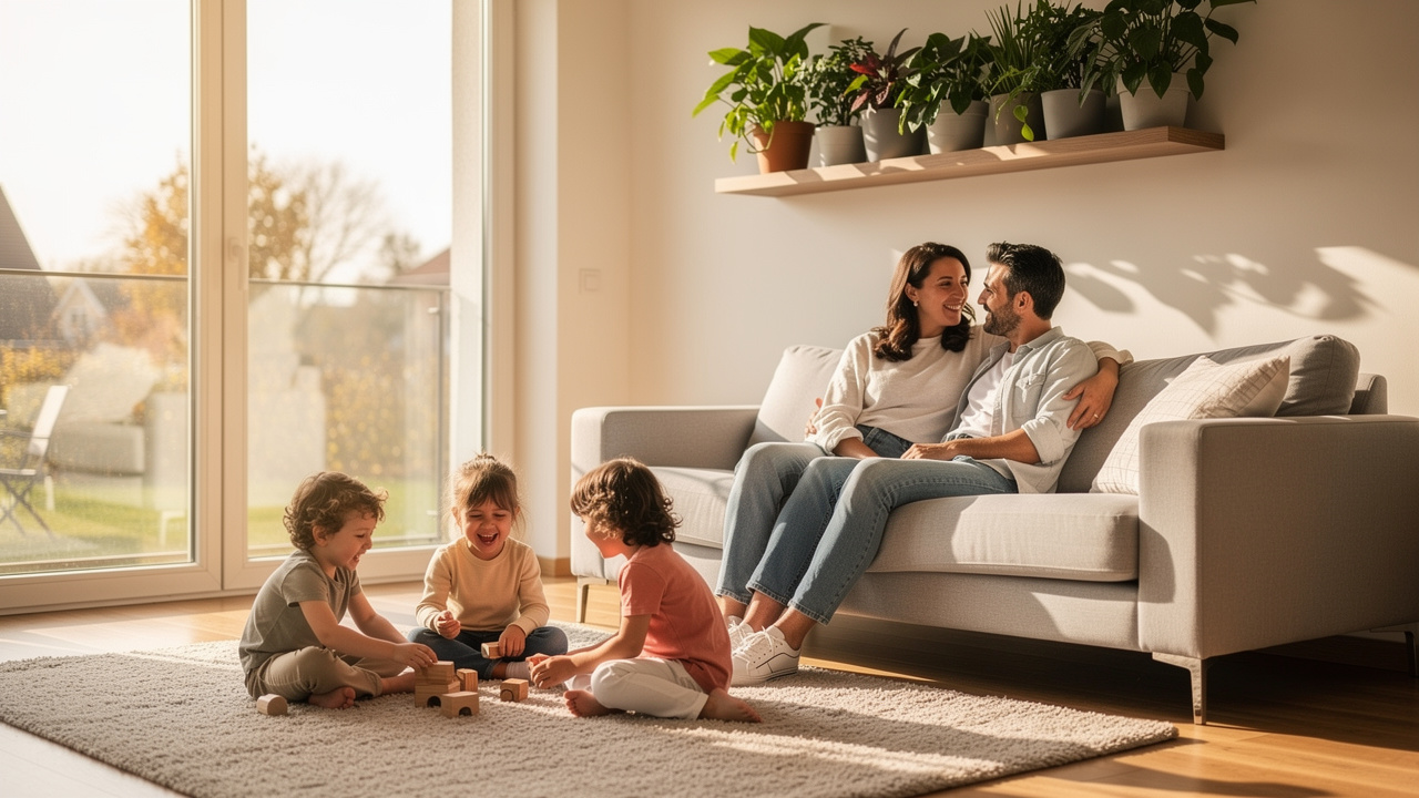 Famiglia italiana in casa ad alta efficienza energetica
