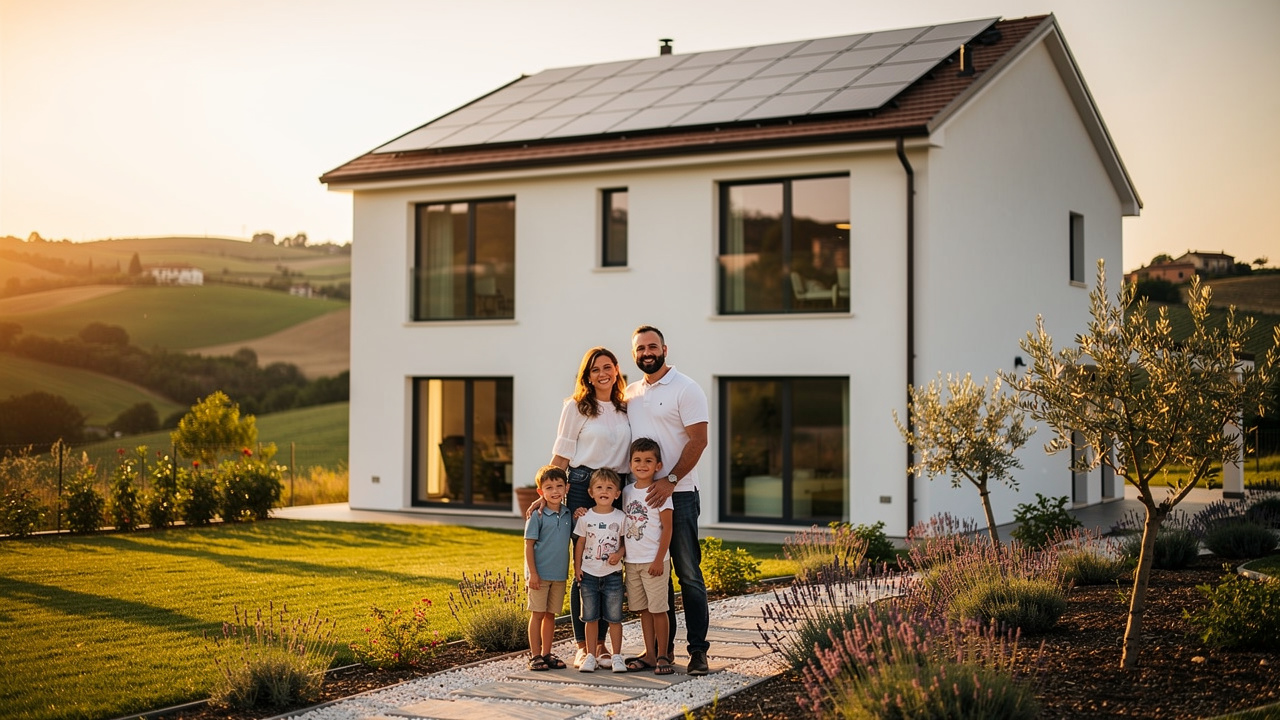 Famiglia felice davanti a casa efficiente nelle Marche