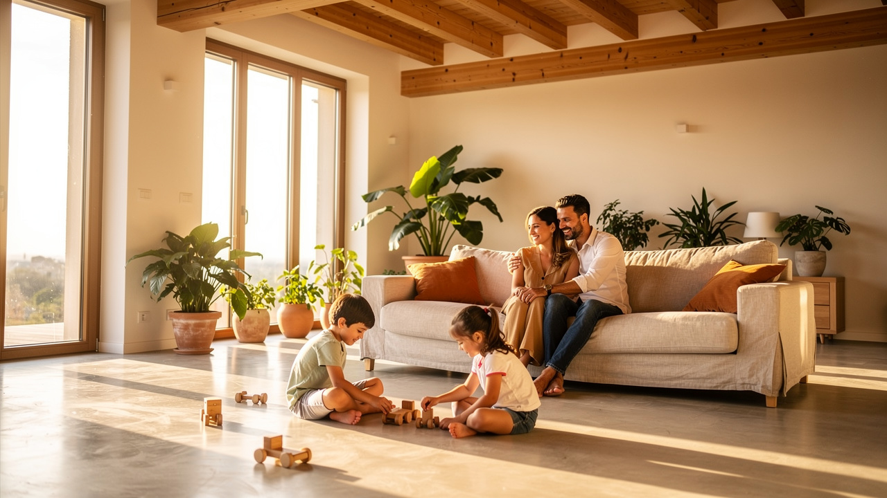 Famiglia italiana felice in casa sostenibile luminosa