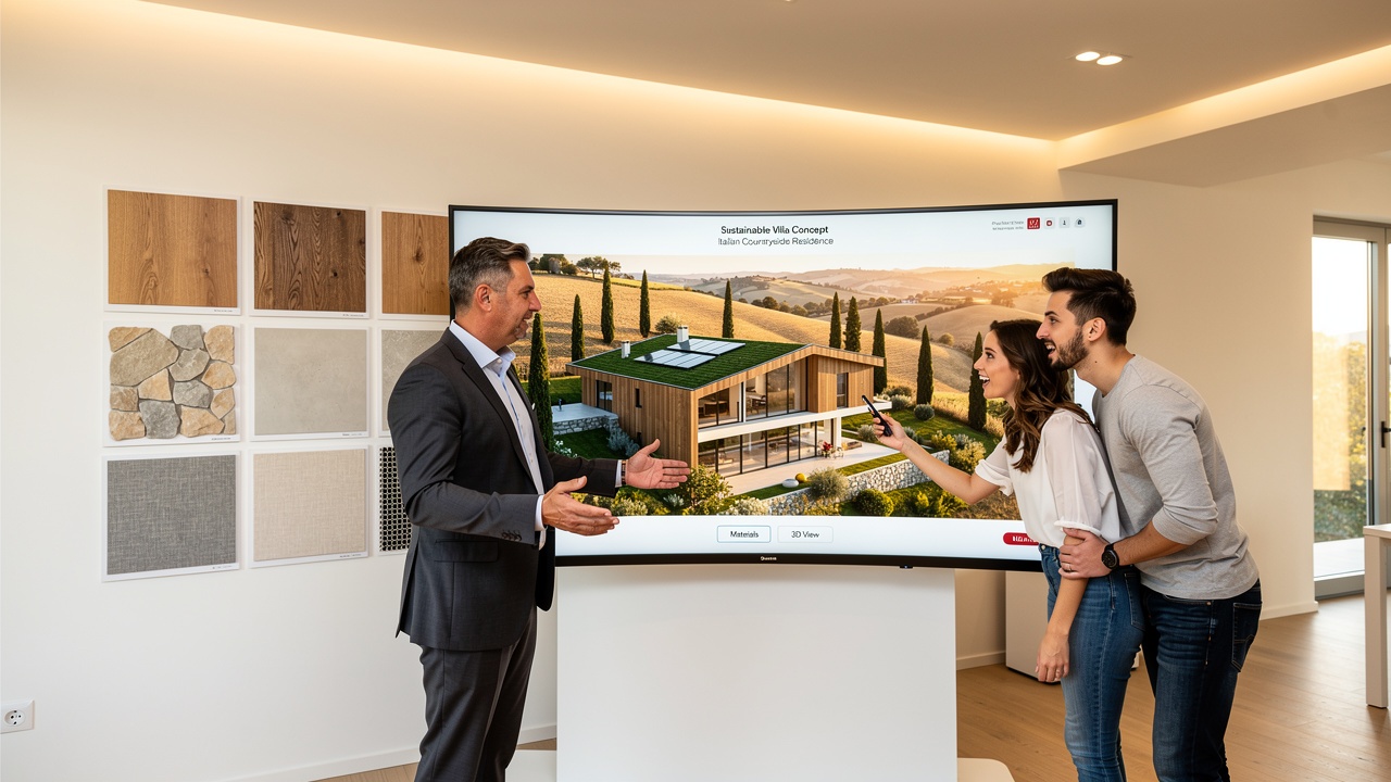 Architetto mostra progetto sostenibile a coppia acquirenti