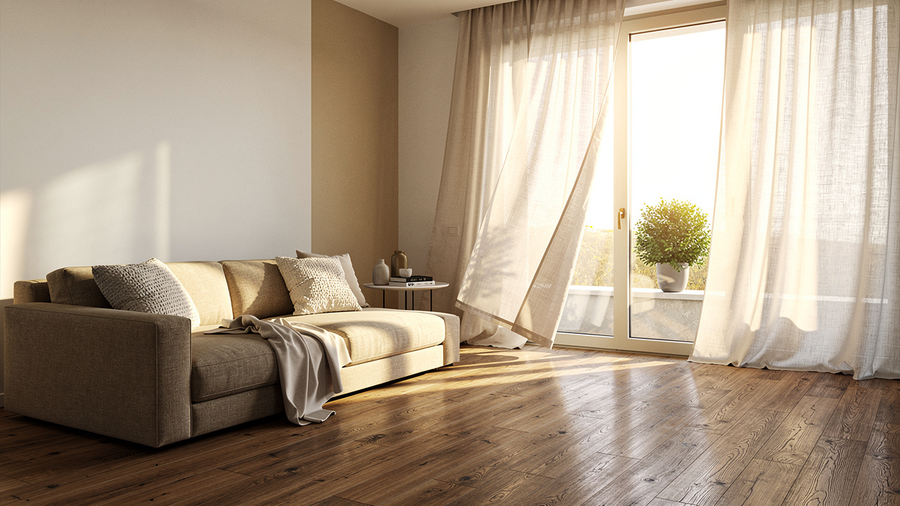 Interno luminoso di casa italiana con finestre a triplo vetro e comfort moderno