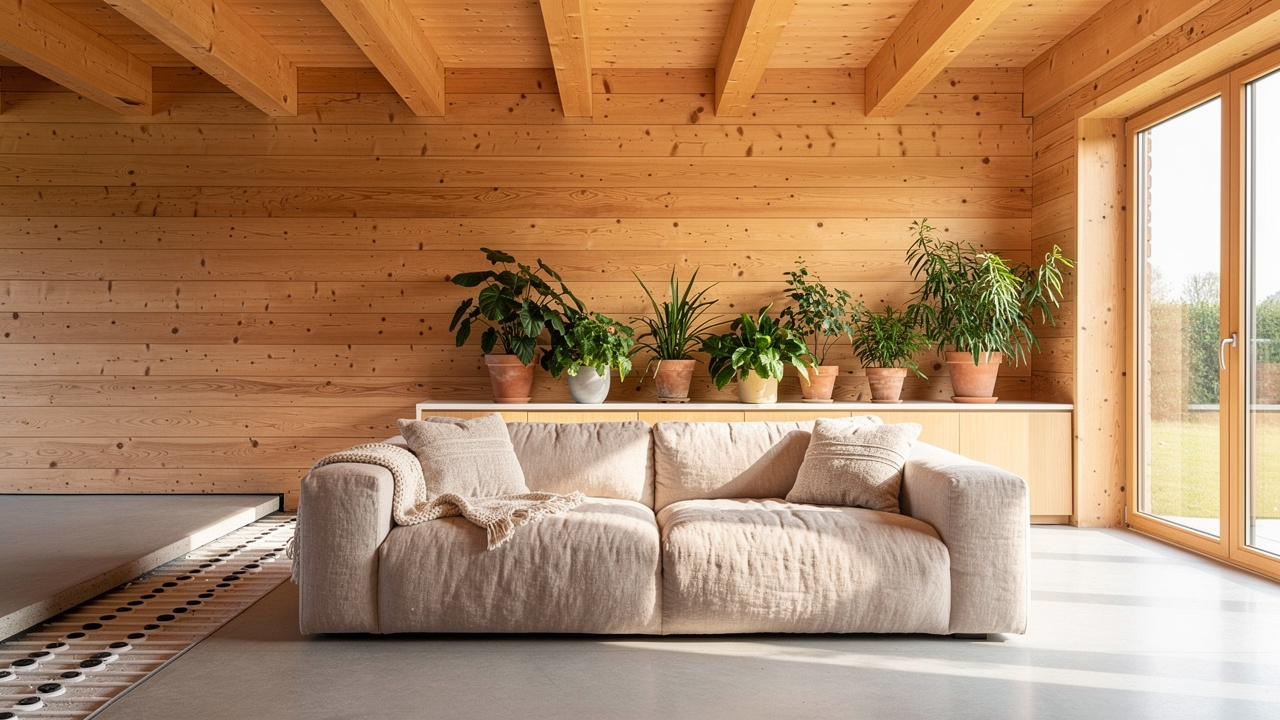 Interno luminoso di casa prefabbricata in legno naturale