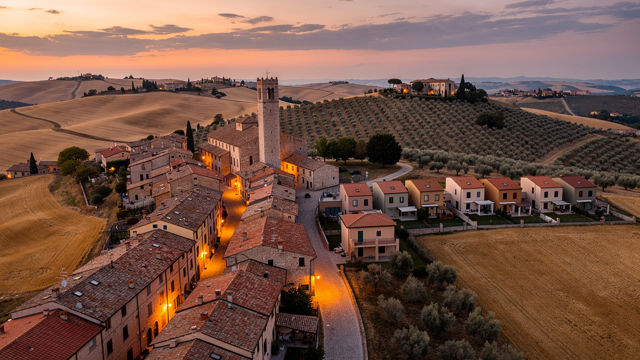 Panorama delle Marche con borgo storico e sviluppo residenziale moderno
