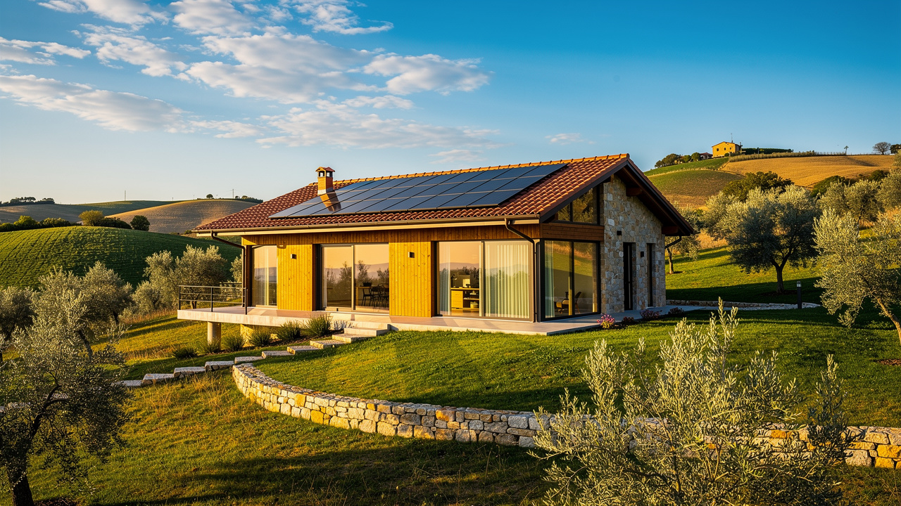 Nuova costruzione nZEB nelle Marche con pannelli solari e architettura moderna