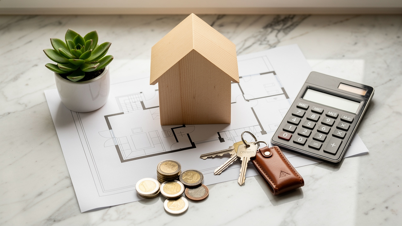 Pianificazione costi investimento immobiliare con chiavi e modello casa