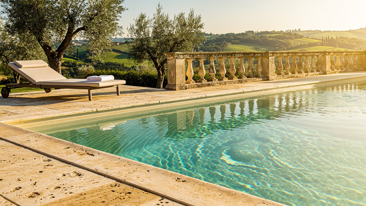 Piscina di lusso con vista sulle colline marchigiane