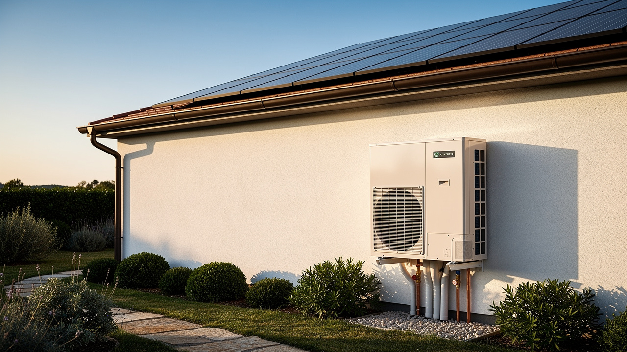 Pompa di calore e pannelli fotovoltaici su casa moderna