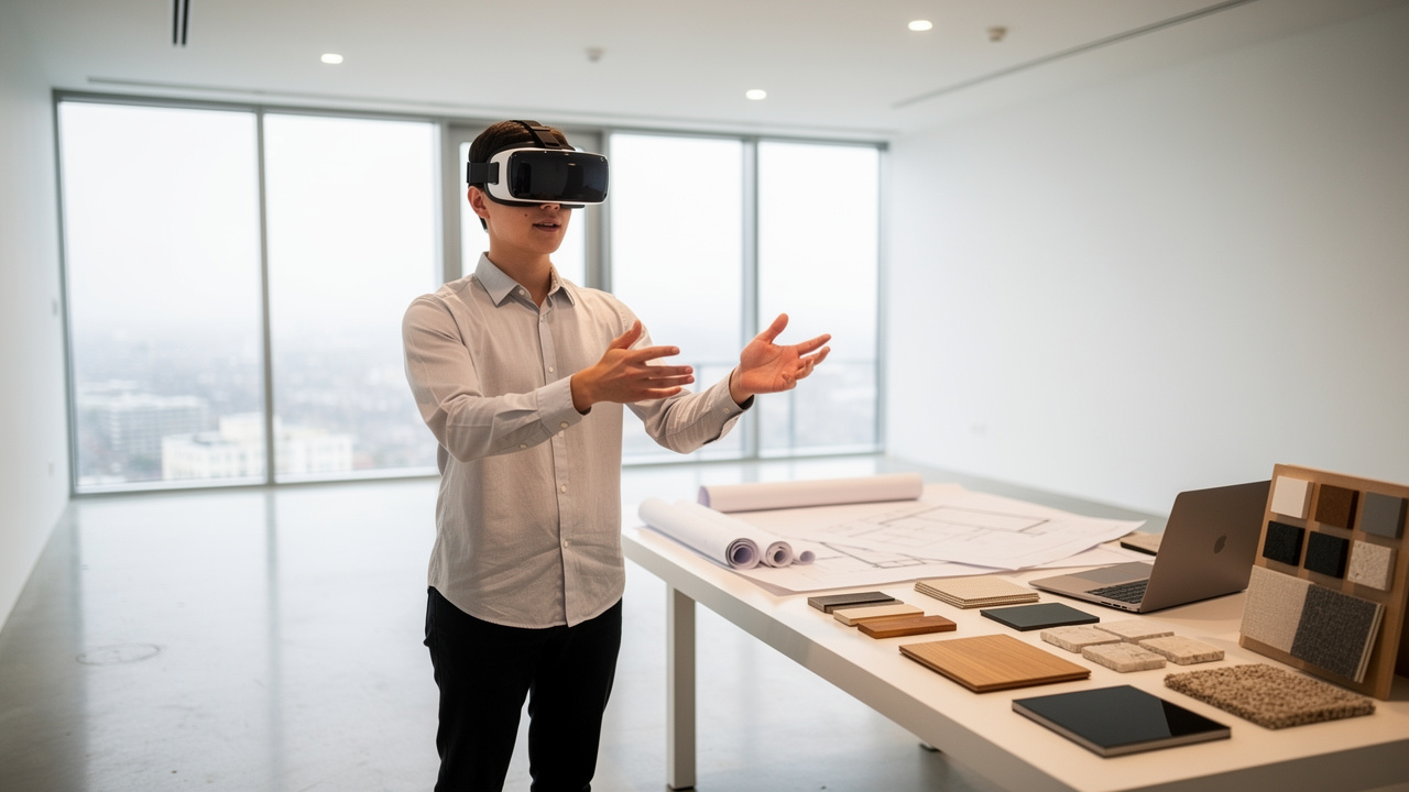 Cliente con visore VR esplora appartamento virtuale prima dell'acquisto