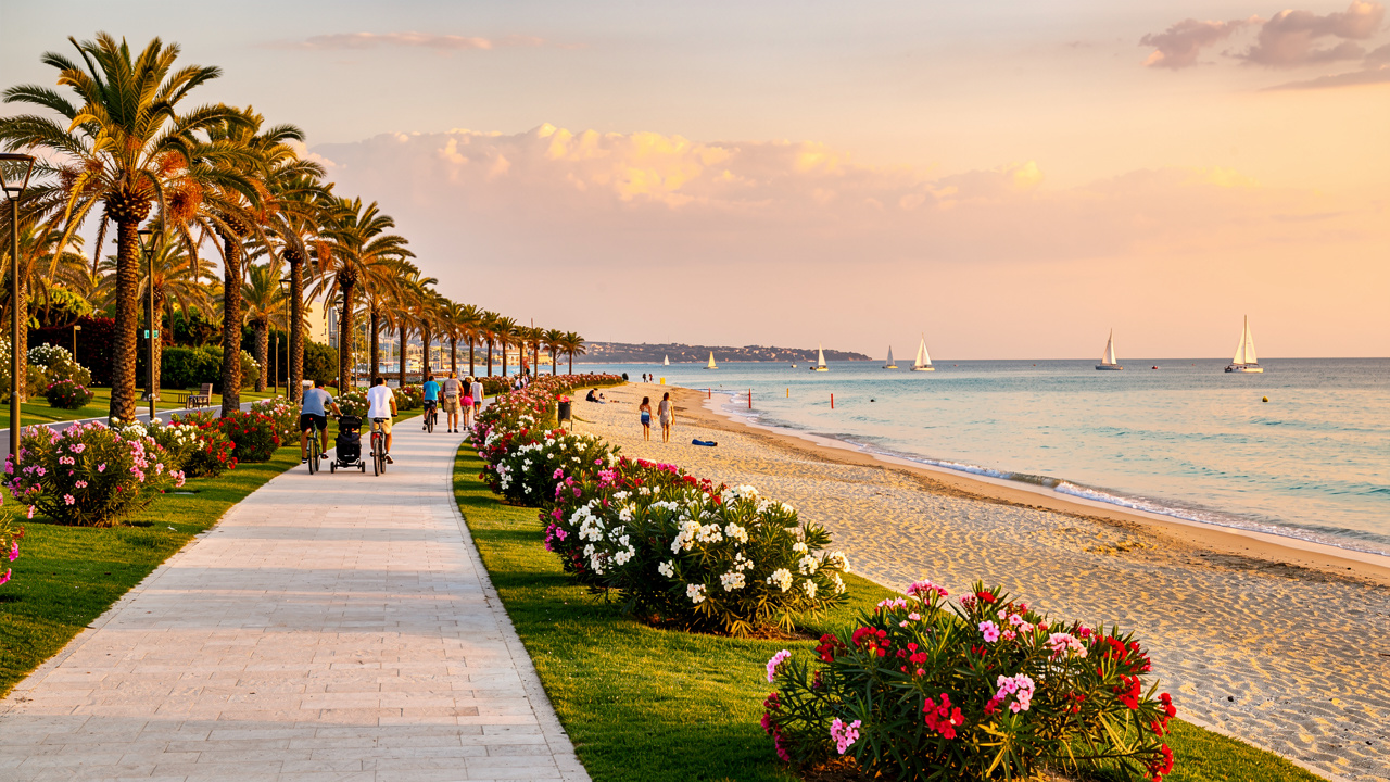 Lungomare della Riviera delle Palme nelle Marche al tramonto