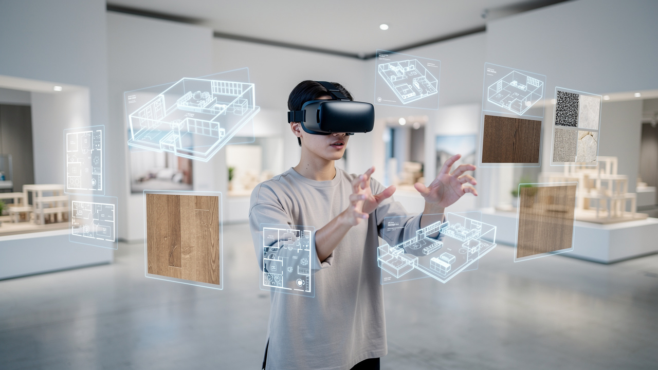 Persona con visore VR esplora appartamento virtuale prima dell'acquisto