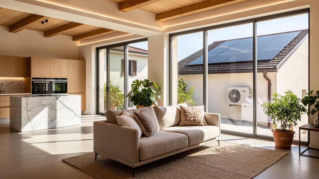Interno di villa moderna a classe nZEB con finestre panoramiche