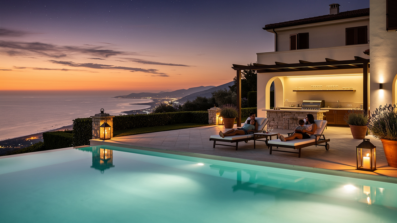Villa con piscina riscaldata al tramonto per affitti turistici di lusso